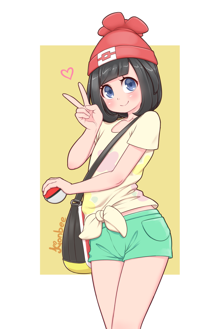 1girl artist_name bag bangs beanie black_hair blue_eyes blunt_bangs blush bob_cut closed_mouth collarbone commentary english_commentary flat_chest floral_print green_shorts hand_up happy hat heart holding holding_poke_ball kionant legs_together looking_at_viewer pocket poke_ball poke_ball_(basic) poke_ball_symbol poke_ball_theme pokemon pokemon_(game) pokemon_sm red_headwear selene_(pokemon) shiny shiny_hair shirt short_hair short_shorts short_sleeves shorts shoulder_bag signature simple_background smile solo standing tied_shirt two-tone_background v yellow_background yellow_shirt