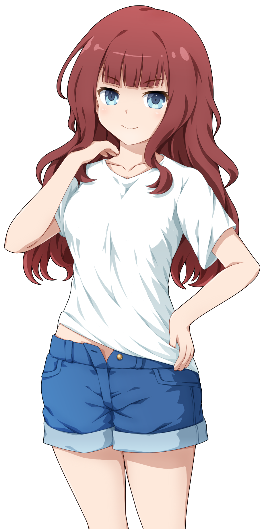 1girl assault_lily bangs blue_eyes blue_shorts blunt_bangs brown_hair closed_mouth collarbone commentary_request cowboy_shot eyebrows_visible_through_hair fukaiton hand_on_hip hand_up highres kaede_johan_nouvel long_hair looking_at_viewer midriff_peek open_clothes open_shorts pocket shirt short_sleeves shorts sidelocks simple_background smile solo standing t-shirt transparent_background wavy_hair white_shirt