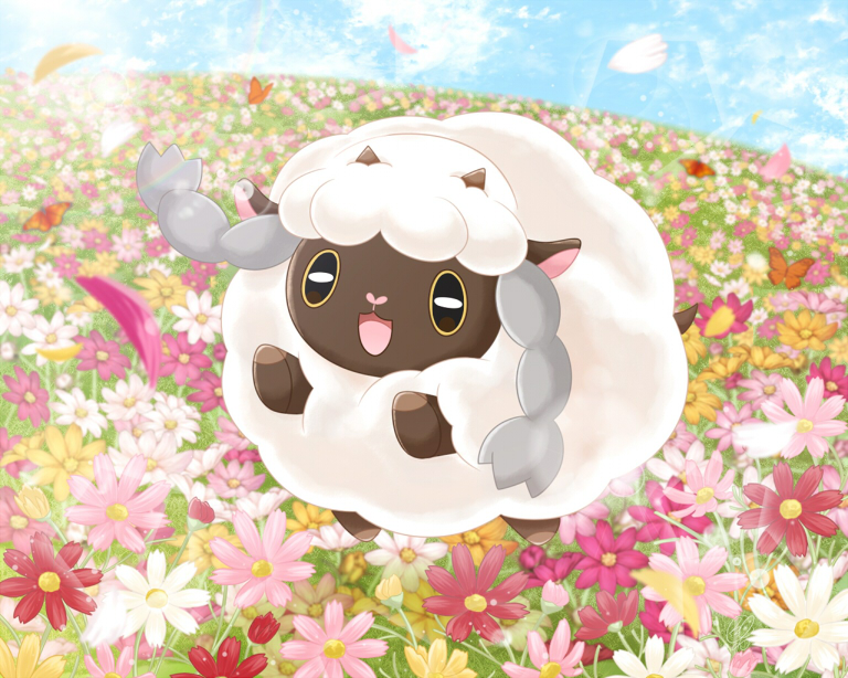 :d amano_himame day field flower flower_field happy no_humans open_mouth outdoors petals pink_flower pokemon pokemon_(creature) sheep smile white_flower wool wooloo
