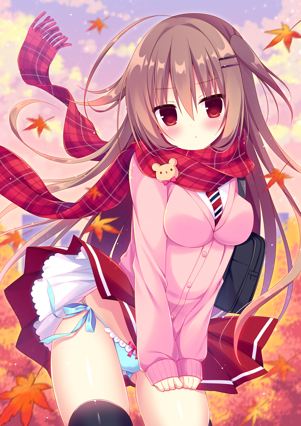 1girl ahoge autumn autumn_leaves bangs black_legwear blue_panties blush bow bow_panties breasts brown_hair cardigan closed_mouth commentary_request diagonal-striped_neckwear diagonal_stripes eyebrows_visible_through_hair frilled_panties frills fringe_trim hair_between_eyes hair_ornament hairclip hasune highres leaf long_hair long_sleeves looking_at_viewer maple_leaf medium_breasts necktie original panties pink_cardigan plaid plaid_scarf pleated_skirt red_eyes red_scarf red_skirt revision scarf shirt side-tie_panties skirt sleeves_past_wrists solo striped striped_necktie thighhighs two_side_up underwear very_long_hair white_shirt wind wind_lift