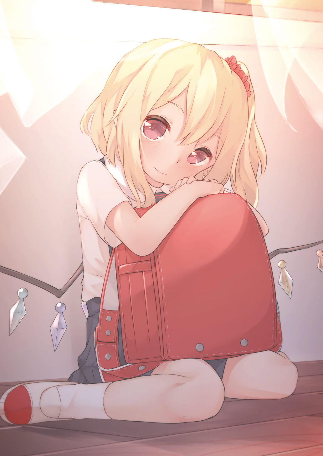 1girl alternate_costume alternate_footwear arm_rest backlighting backpack bag bangs black_skirt blonde_hair blush child closed_mouth collared_shirt contemporary crystal curtains doujinshi dusk evening eyebrows_visible_through_hair flandre_scarlet from_side full_body hair_between_eyes hair_ornament hair_scrunchie hands_up head_tilt highres indoors long_hair looking_at_viewer low_wings no_hat no_headwear on_floor own_hands_together pale_color randoseru red_bag red_eyes red_scrunchie sakurea scrunchie shirt shoes short_sleeves sitting skirt smile socks solo sunlight tareme touhou two-tone_footwear uwabaki wariza white_curtains white_footwear white_legwear white_shirt wind window wings wooden_floor