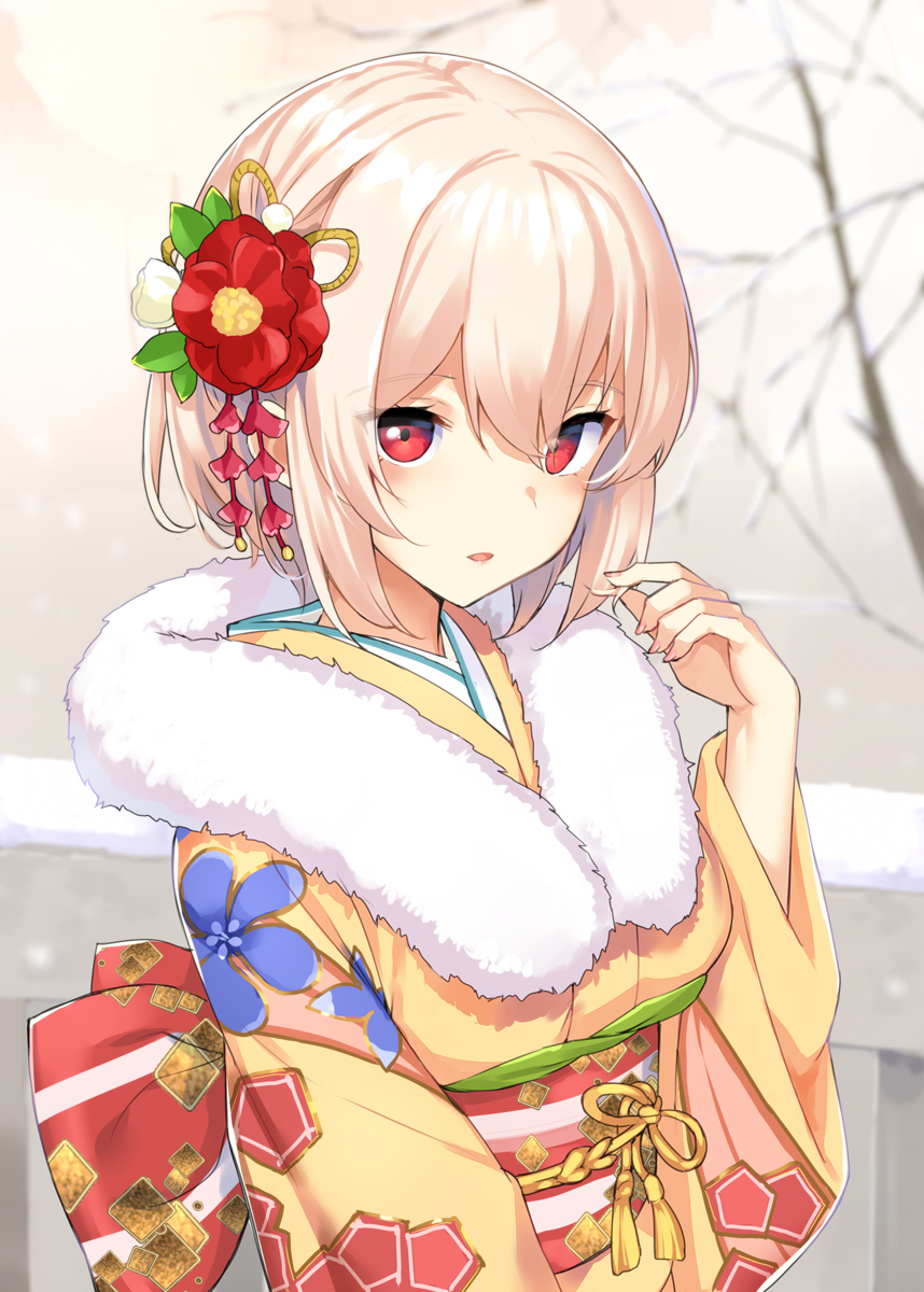 1girl alternate_costume azur_lane blush breasts commentary_request fur_trim hair_between_eyes hair_ornament highres japanese_clothes large_breasts looking_at_viewer new_year red_eyes short_hair sirius_(azur_lane) solo takayaki white_hair winter