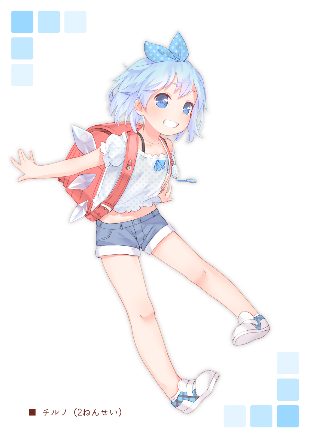 1girl alternate_costume alternate_hair_ornament backpack bag bangs bare_legs bare_shoulders blue_bow blue_eyes blue_footwear blue_hair blue_shirt blush bow bra_strap bra_visible_through_clothes character_name child cirno collarbone contemporary crime_prevention_buzzer denim denim_shorts doujinshi eyebrows_visible_through_hair floating_hair frilled_shirt frills from_side full_body gradient grin hair_bow highres leaning_forward legs_apart looking_at_viewer looking_to_the_side midriff_peek off-shoulder_shirt off_shoulder outstretched_arms pale_color plaid plaid_footwear polka_dot polka_dot_bow polka_dot_shirt puffy_short_sleeves puffy_sleeves randoseru red_bag rounded_corners sakurea see-through_shirt shirt shoe_soles shoes short_hair short_sleeves shorts simple_background smile sneakers solo spread_arms standing teeth touhou two-tone_footwear white_background
