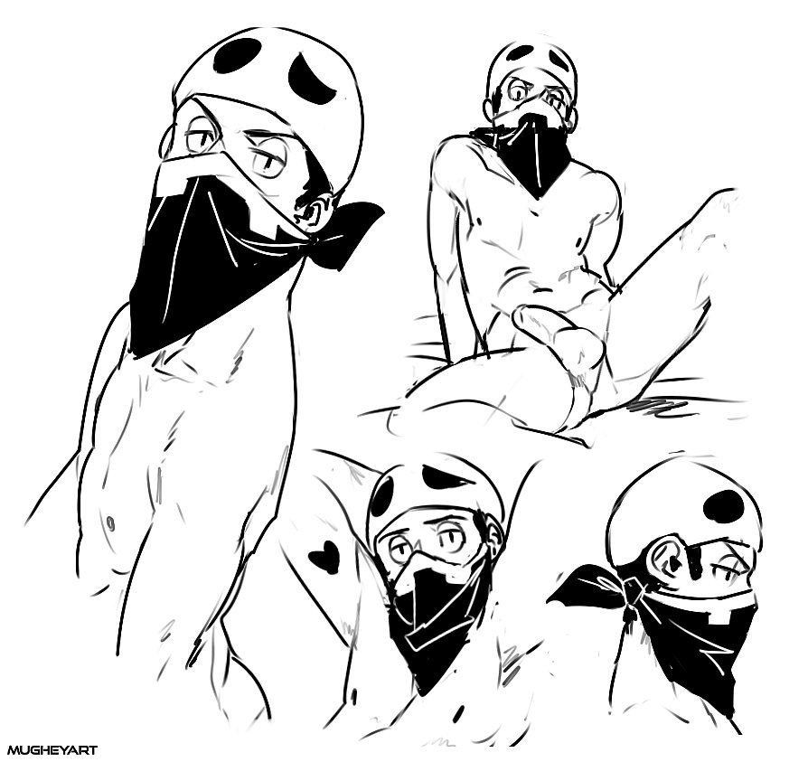 1boy arm_support arms_behind_head artist_name bed_sheet black_eyes collarbone greyscale half-closed_eyes hat heart looking_at_viewer looking_down male_focus monochrome mugheyart multiple_views navel nude penis pokemon pokemon_(game) pokemon_sm profile spread_legs team_skull team_skull_grunt testicles