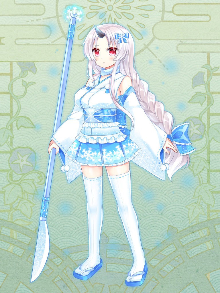 1girl bangs bare_shoulders blue_bow blue_footwear blue_nails blue_skirt bow braid closed_mouth commentary_request copyright_request detached_sleeves eyebrows_visible_through_hair frilled_skirt frills full_body hair_bow heart holding holding_polearm holding_weapon horns japanese_clothes kimono long_hair long_sleeves nail_polish official_art parted_bangs pleated_skirt polearm print_skirt red_eyes ribbon-trimmed_legwear ribbon-trimmed_sleeves ribbon_trim shikito single_braid single_horn skirt sleeveless sleeveless_kimono sleeves_past_wrists snowflake_print solo standing tabi thighhighs very_long_hair weapon weapon_request white_kimono white_legwear white_sleeves wide_sleeves zouri