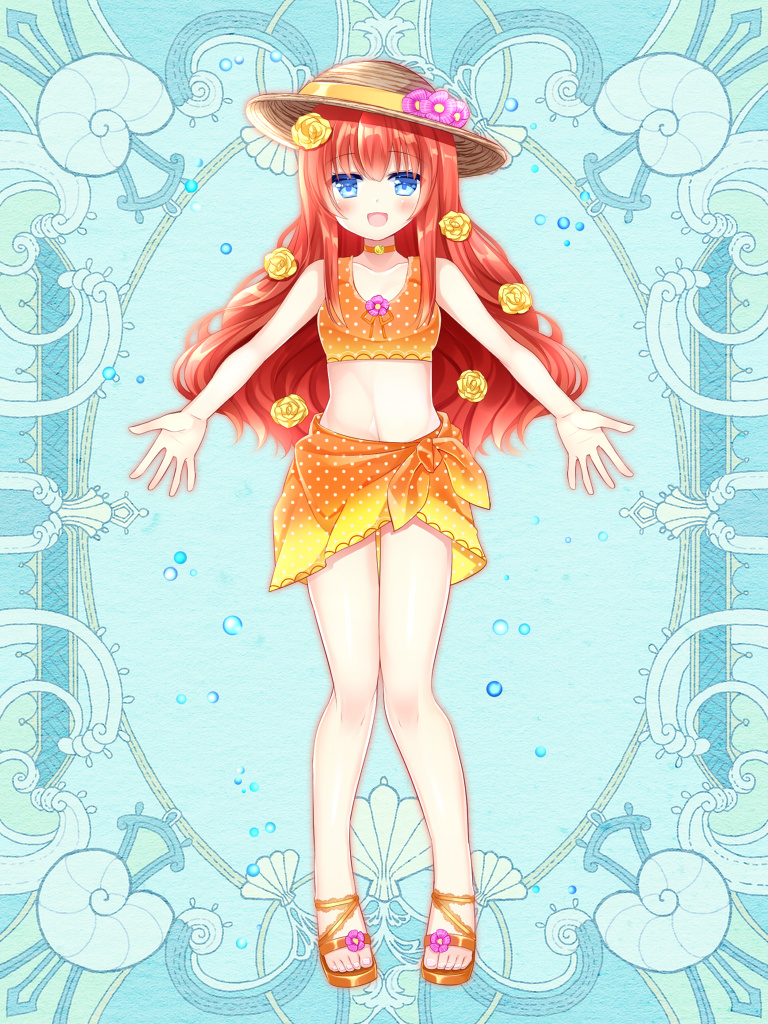 1girl :d bangs bare_arms bare_shoulders bikini blue_eyes blush brown_footwear brown_headwear commentary_request copyright_request eyebrows_visible_through_hair flower full_body hair_flower hair_ornament hat hat_flower long_hair looking_at_viewer navel official_art orange_bikini outstretched_arms pink_flower polka_dot polka_dot_bikini red_hair rose sarong shikito smile solo standing swimsuit very_long_hair yellow_flower yellow_rose zouri