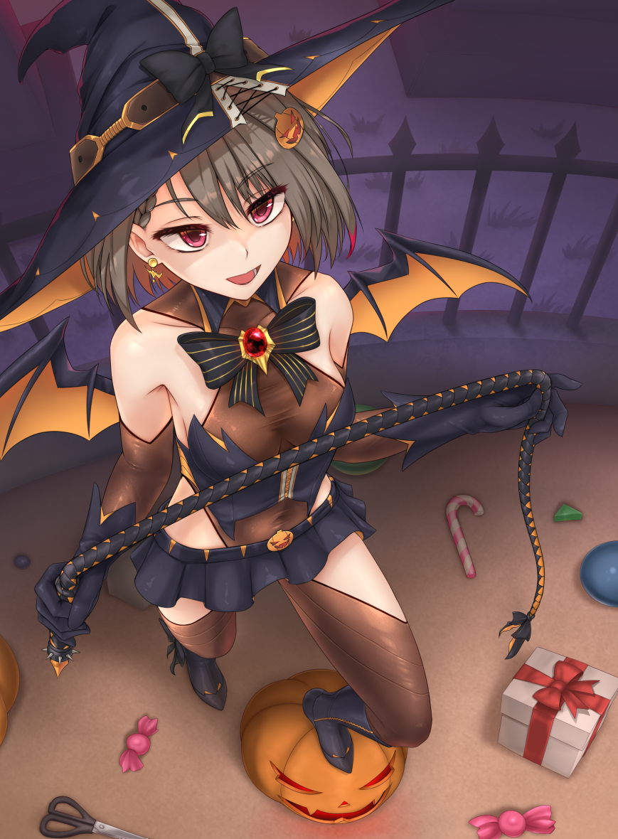 1girl bangs black_gloves black_hair black_legwear box breasts candy candy_cane demon_wings earrings elbow_gloves eyebrows_visible_through_hair food from_above gift gift_box gloves hair_ornament halloween hat highleg highleg_leotard jack-o'-lantern jack-o'-lantern_hair_ornament jewelry leotard looking_at_viewer nm_(tshell2761) original red_eyes see-through short_hair skirt small_breasts solo thighhighs whip wings witch_hat