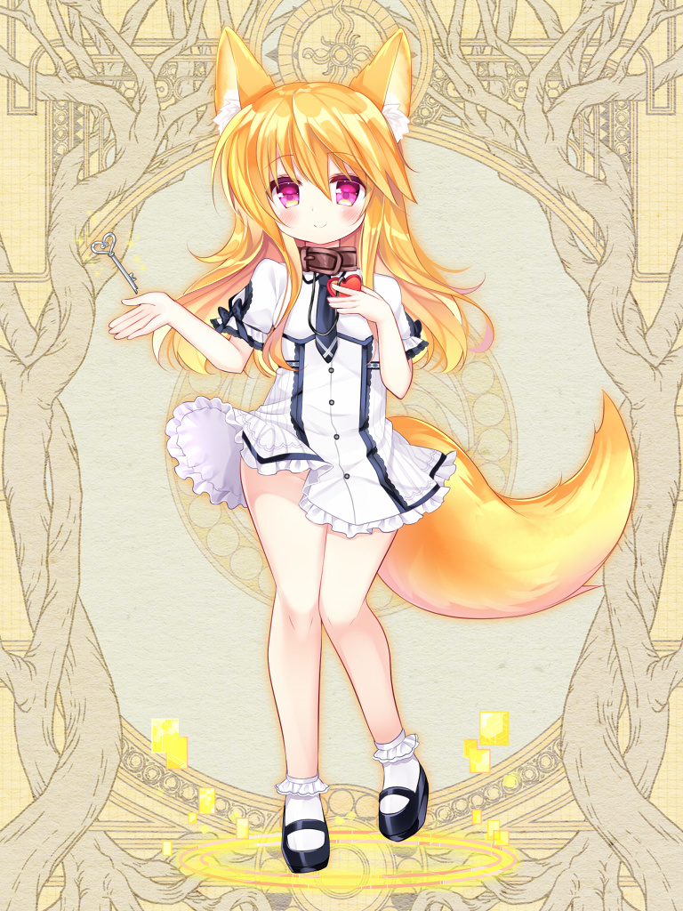 1girl animal_ear_fluff animal_ears bangs black_footwear black_necktie blonde_hair blush bobby_socks brown_collar closed_mouth collar commentary_request copyright_request dress eyebrows_visible_through_hair fox_ears fox_girl fox_tail frilled_dress frills full_body hair_between_eyes heart key long_hair necktie official_art puffy_short_sleeves puffy_sleeves purple_eyes shikito shoes short_necktie short_sleeves smile socks solo standing tail white_dress white_legwear