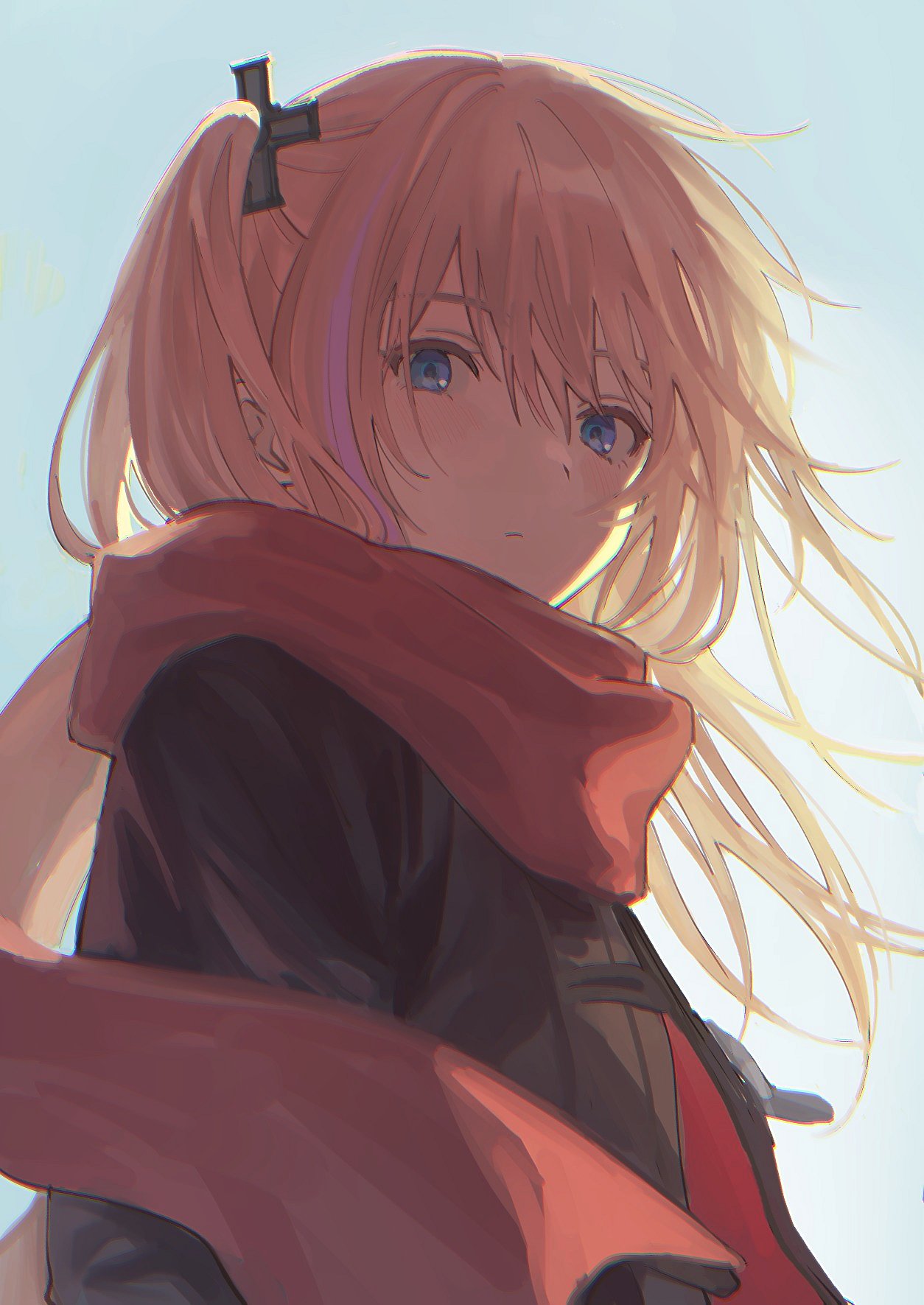 1girl blue_eyes coat dm_owr expressionless girls'_frontline hair_ornament highres long_hair looking_at_viewer multicolored_hair one_side_up outdoors pink_hair purple_hair red_scarf scarf sky solo st_ar-15_(girls'_frontline) streaked_hair upper_body