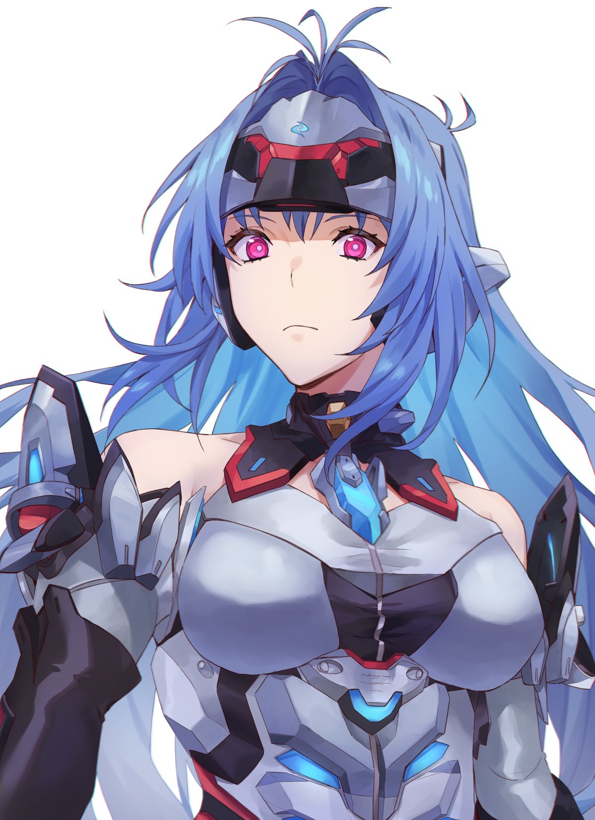 1girl android bare_shoulders blue_hair breasts expressionless forehead_protector gloves highres kamu_(kamuuei) kos-mos kos-mos_re: long_hair looking_at_viewer pink_eyes simple_background solo very_long_hair xenoblade_chronicles_(series) xenoblade_chronicles_2 xenosaga