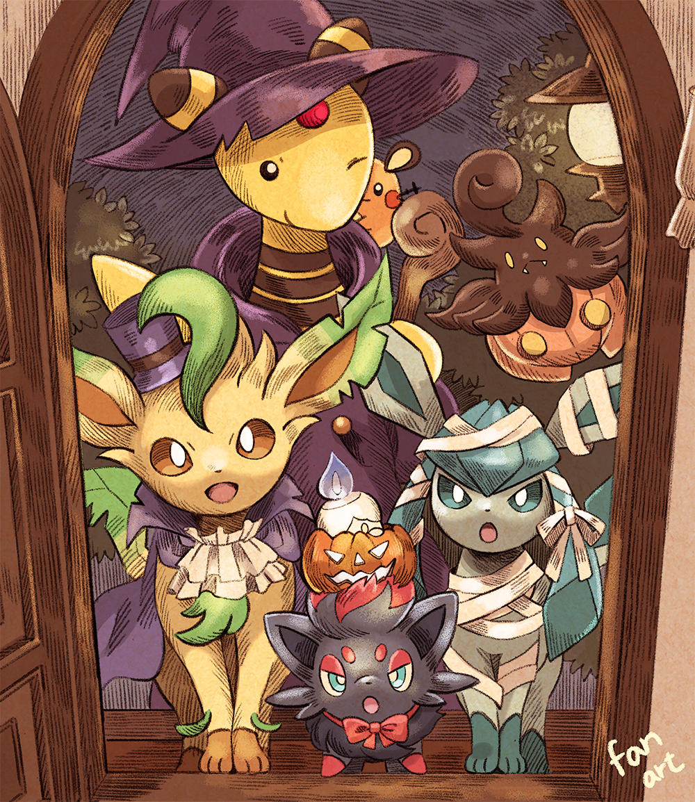 ampharos black_eyes brown_eyes closed_mouth clothed_pokemon commentary dedenne door glaceon halloween hat hatted_pokemon jack-o'-lantern leafeon litwick matsuri_(matsuike) night no_humans one_eye_closed open_mouth pokemon pokemon_(creature) pumpkaboo purple_headwear smile standing stick toes tongue trick_or_treat witch_hat zorua