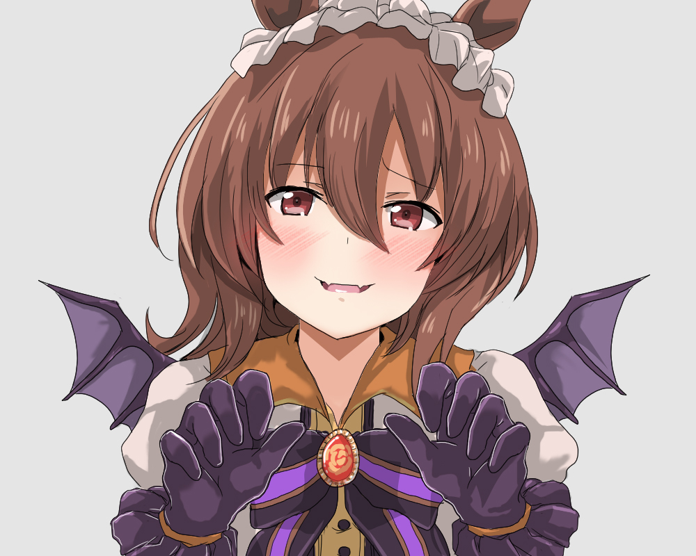 1girl agnes_tachyon_(umamusume) animal_ears bangs bat_wings black_gloves black_wings blush bow brooch brown_eyes brown_hair collared_shirt commentary commission cosplay dress_shirt eyebrows_visible_through_hair fangs gloves grey_background hair_between_eyes hands_up horse_ears jewelry looking_at_viewer make_up_in_halloween!_(umamusume) oshiruko_(uminekotei) parted_lips puffy_short_sleeves puffy_sleeves rice_shower_(umamusume) rice_shower_(umamusume)_(cosplay) shirt short_sleeves simple_background skeb_commission solo striped striped_bow umamusume upper_body white_shirt wings
