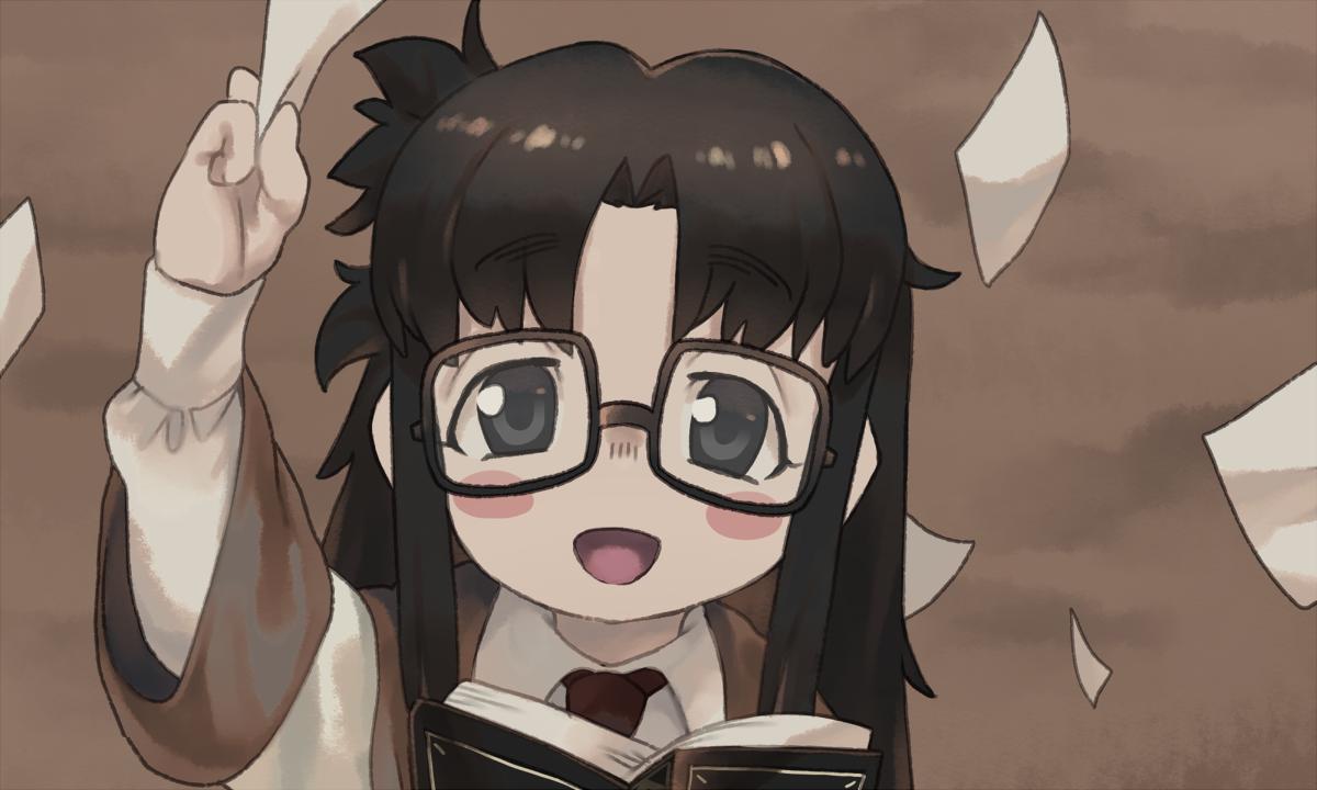 1girl :d age_regression arm_up bangs black_hair blush blush_stickers book chibi coat collagen commentary eyebrows_visible_through_hair glasses holding holding_paper long_hair long_sleeves looking_at_viewer messy_hair necktie open_mouth paper parted_bangs read_or_die red_necktie smile solo yomiko_readman younger