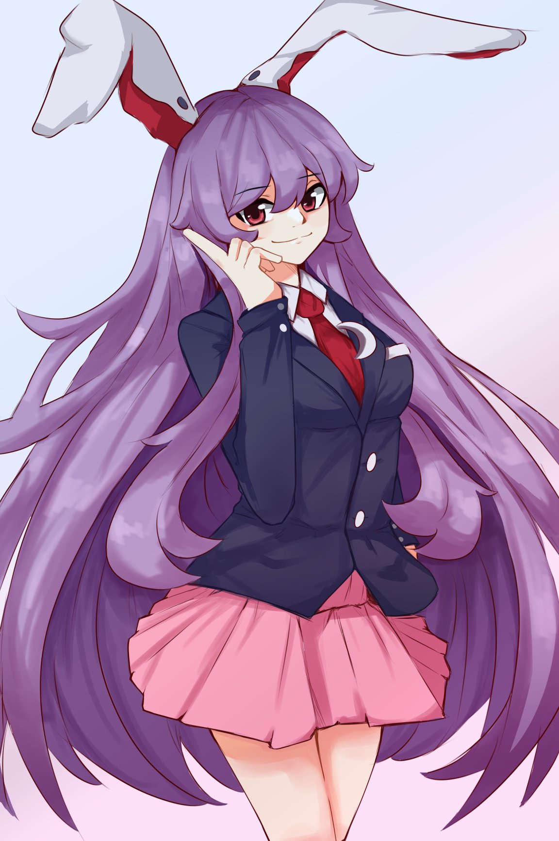 1girl animal_ears bangs blazer blouse breasts buttons collared_blouse cowboy_shot crescent crescent_pin highres jacket light_purple_hair long_hair long_sleeves maishtar_colo medium_breasts miniskirt necktie pink_skirt pleated_skirt pointing purple_hair rabbit_ears rabbit_girl red_eyes red_necktie reisen_udongein_inaba short_sleeves skirt touhou very_long_hair white_blouse