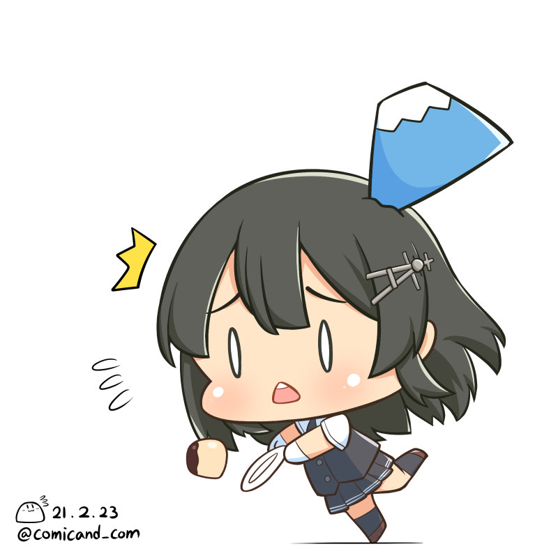 1girl artist_logo black_hair black_legwear black_skirt black_vest blush brown_footwear chibi commentary_request dated dress_shirt falling food full_body gloves hair_ornament hairclip kantai_collection kneehighs long_hair mountain o_o one-hour_drawing_challenge open_mouth oyashio_(kancolle) plate pleated_skirt pudding shadow shiromaru_(maniado) shirt shoes short_sleeves simple_background skirt solo twitter_username vest white_background white_gloves white_shirt