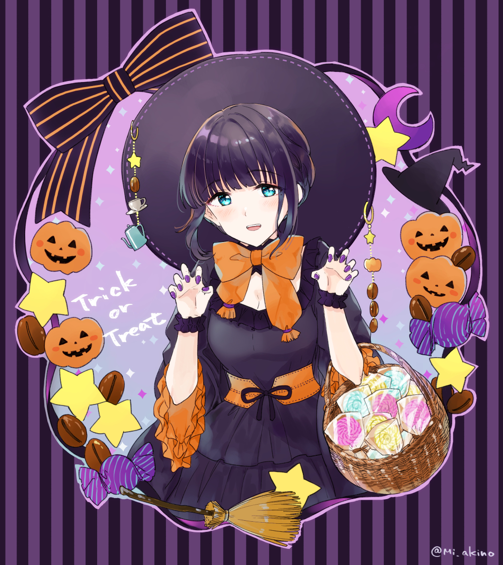 1girl :d bangs basket black_dress black_hair black_headwear blue_eyes bow braid candy coffee_beans coffee_wo_shizuka_ni commentary_request crescent dress eyebrows_visible_through_hair food halloween hands_up hat jack-o'-lantern juliet_sleeves lollipop long_sleeves looking_at_viewer miyabi_akino nail_polish orange_bow puffy_sleeves purple_nails shizuka_(coffee_wo_shizuka_ni) sidelocks smile solo star_(symbol) striped striped_background striped_bow swirl_lollipop teeth trick_or_treat twitter_username upper_teeth vertical_stripes wide_sleeves witch_hat