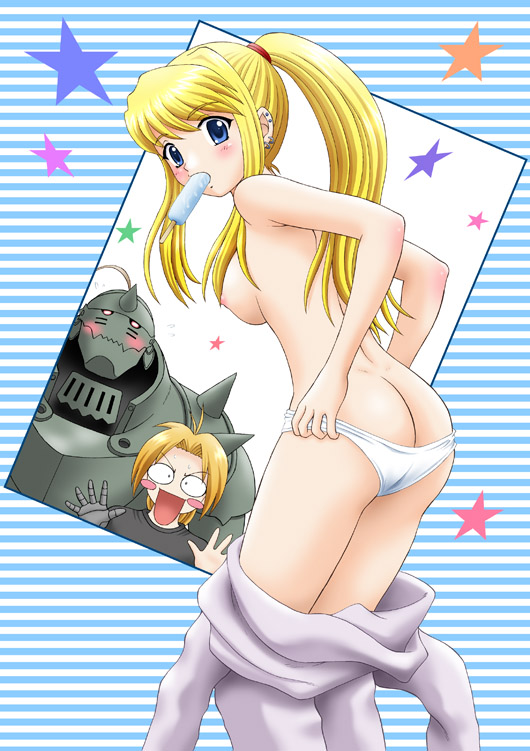 2boys alphonse_elric armor ass blonde_hair blue_eyes blush blush_stickers breasts caught dimples_of_venus earrings edward_elric food full_armor fullmetal_alchemist jewelry long_hair looking_back medium_breasts mouth_hold multiple_boys panties pants_down ponytail popsicle striped striped_background topless underwear undressing white_panties winry_rockbell yasu_rintarou