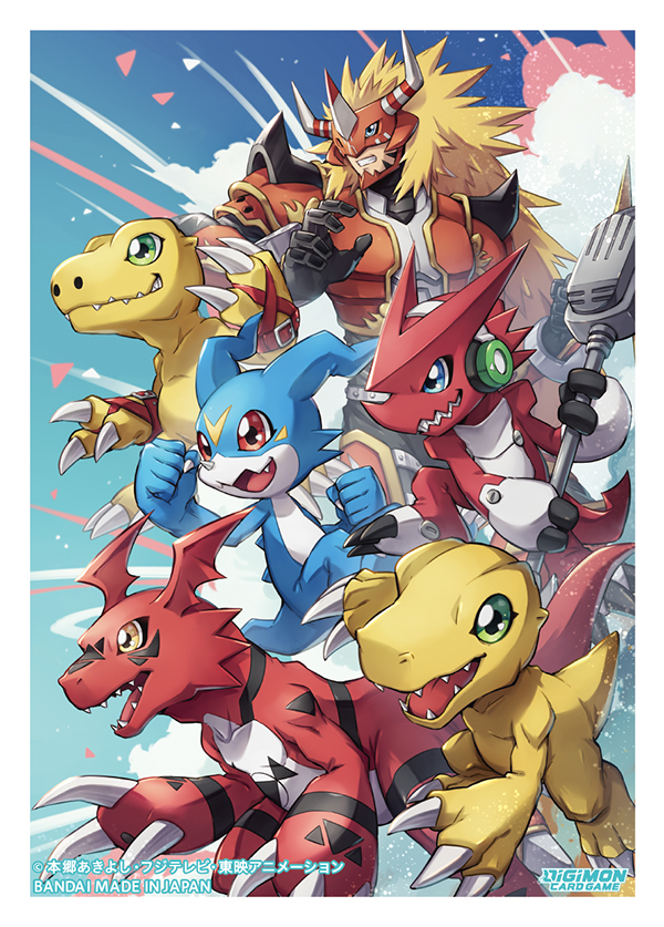 1boy :d agnimon agumon agumon_(savers) armor black_gloves blonde_hair blue_eyes border brown_eyes claws clenched_hands clenched_teeth commentary_request company_name copyright_name digimon digimon_(creature) digimon_adventure digimon_adventure_02 digimon_frontier digimon_savers digimon_tamers digimon_xros_wars digital_hazard english_text from_side gloves green_eyes guilmon happy holding holding_microphone horned_mask horns logo long_hair mask microphone official_art open_mouth red_eyes sharp_teeth shoulder_spikes shoutmon smile spikes takase_(takase1214) teeth veemon white_border