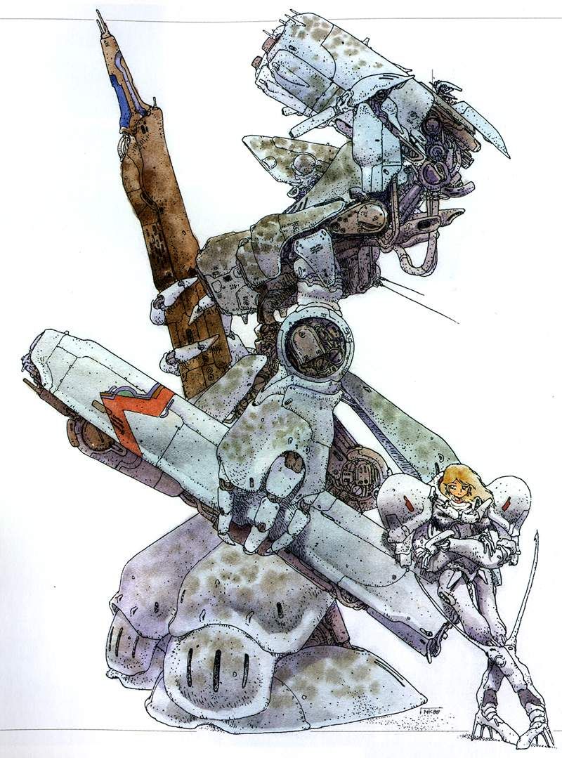 1980s_(style) 1girl armor bad_link blonde_hair crossed_arms cyberpunk dirty dragon's_heaven energy_cannon ikuuru kobayashi_makoto_(illustrator) leaning_on_object long_hair looking_at_viewer machinery mecha moebius_(style) official_art power_armor power_suit production_art retro_artstyle robot scan science_fiction shaian_(robot) signature simple_background