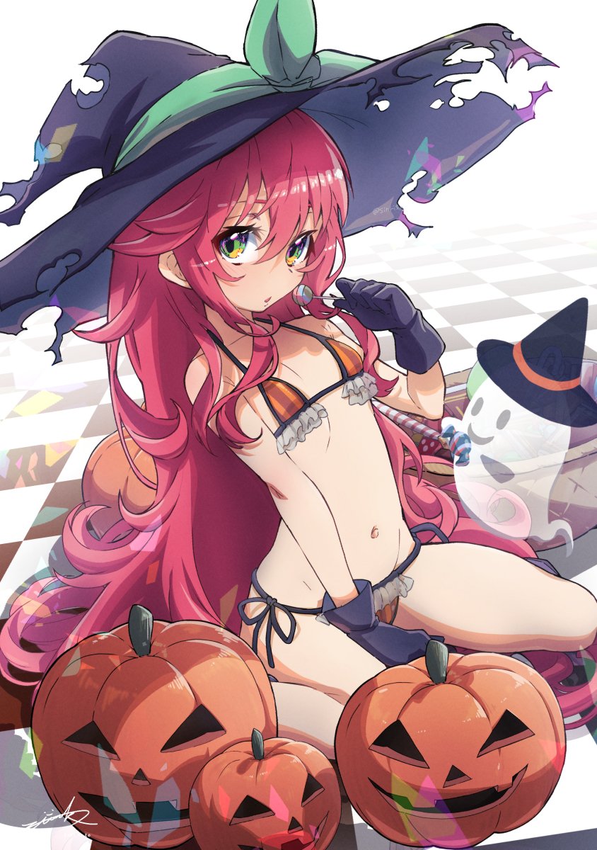 1girl bare_shoulders between_legs black_gloves blush bra breasts candy checkered checkered_floor commentary_request food ghost gloves green_eyes groin hair_between_eyes hat highres holding lollipop long_hair looking_at_viewer mori_shin_risuku navel open_mouth original panties pumpkin red_hair side-tie_panties signature sitting small_breasts solo torn_clothes torn_hat underwear very_long_hair wariza witch witch_hat