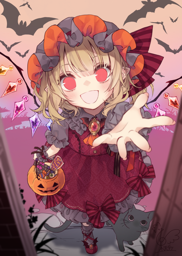 1girl :d adapted_costume animal basket bat blonde_hair buttons candy cat crystal dress flandre_scarlet food foreshortening full_moon halloween halloween_bucket hat holding holding_basket long_hair looking_at_viewer mob_cap moon one_side_up open_mouth pointy_ears puffy_short_sleeves puffy_sleeves pumpkin reaching_out red_dress red_eyes red_footwear short_sleeves signature slit_pupils smile solo teeth thumbnail_surprise touhou toutenkou white_legwear wings