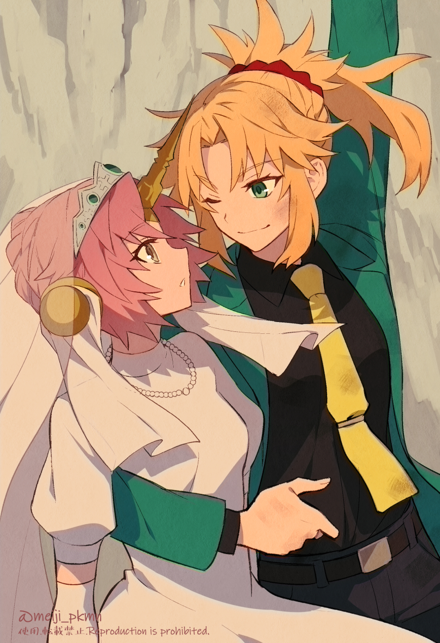 2girls arm_around_back arsene_lupin_iii arsene_lupin_iii_(cosplay) artist_name belt belt_buckle blonde_hair buckle castle_of_cagliostro clarisse_de_cagliostro clarisse_de_cagliostro_(cosplay) commentary_request cosplay eye_contact eyebrows_visible_through_hair fate/apocrypha fate_(series) frankenstein's_monster_(fate) green_eyes hair_bun highres horns jewelry long_sleeves looking_at_another lupin_iii meiji_ken mordred_(fate) mordred_(fate/apocrypha) multiple_girls necklace necktie one_eye_closed pants pearl_necklace pink_hair ponytail red_scrunchie scrunchie single_horn smile watermark yuri