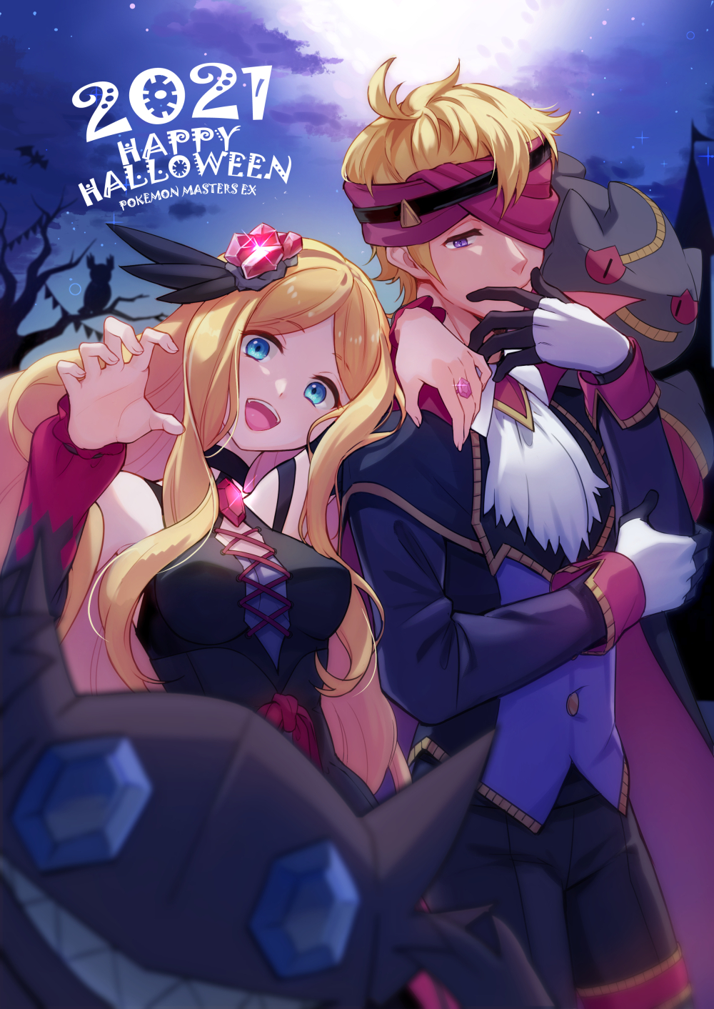 1boy 1girl 2021 banette bare_shoulders blonde_hair blue_eyes caitlin_(pokemon) chen_(artist) closed_mouth cloud commentary_request copyright_name detached_sleeves gloves hair_ornament hand_up happy_halloween highres long_hair long_sleeves mega_banette mega_pokemon morty_(pokemon) night noctowl official_alternate_costume outdoors pokemon pokemon_(creature) pokemon_(game) pokemon_masters_ex purple_eyes sableye short_hair sidelocks sky zubat