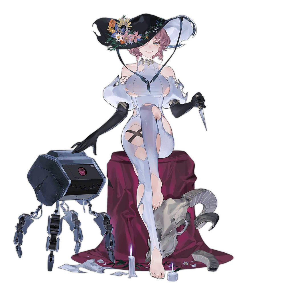 1girl bare_shoulders barefoot black_gloves black_headwear breasts closed_mouth collarbone dress drill_locks elbow_gloves eyebrows_visible_through_hair feet flower full_body girls'_frontline gloves hair_over_one_eye halloween halloween_costume hat hat_flower hillly_(maiwetea) holding holding_knife knee_up knife lips looking_at_viewer medium_breasts medium_hair mp-443_(girls'_frontline) mp-443_(shepherd_of_the_lost)_(girls'_frontline) official_art pink_hair sitting smile solo toes torn_clothes torn_dress torn_hat transparent_background trick_or_treat white_dress witch witch_hat yellow_eyes