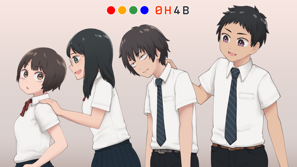 2boys 2girls bangs belt black_hair black_necktie black_pants bow bowtie breast_pocket brown_eyes brown_hair collared_shirt diagonal-striped_neckwear diagonal_stripes glasses gradient green_eyes grey_background hand_on_another's_shoulder height_chart height_difference long_hair multiple_boys multiple_girls necktie original pants pocket profile purple_eyes red_bow red_bowtie shirt shirt_tucked_in short_hair short_sleeves striped striped_bow striped_bowtie striped_necktie upper_body white_shirt yajirushi_(chanoma)