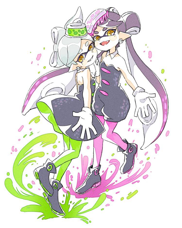 +_+ 2girls bare_shoulders black_dress black_footwear black_hair black_jumpsuit callie_(splatoon) comamawa cousins dress earrings fangs food food_on_head full_body gloves green_headwear green_legwear hat ink jewelry long_hair looking_at_viewer marie_(splatoon) mole mole_under_eye multiple_girls object_on_head open_mouth pantyhose pink_headwear pink_legwear shoes short_hair short_jumpsuit simple_background smile splatoon_(series) standing standing_on_one_leg sushi tentacle_hair very_long_hair white_background white_gloves white_hair yellow_eyes