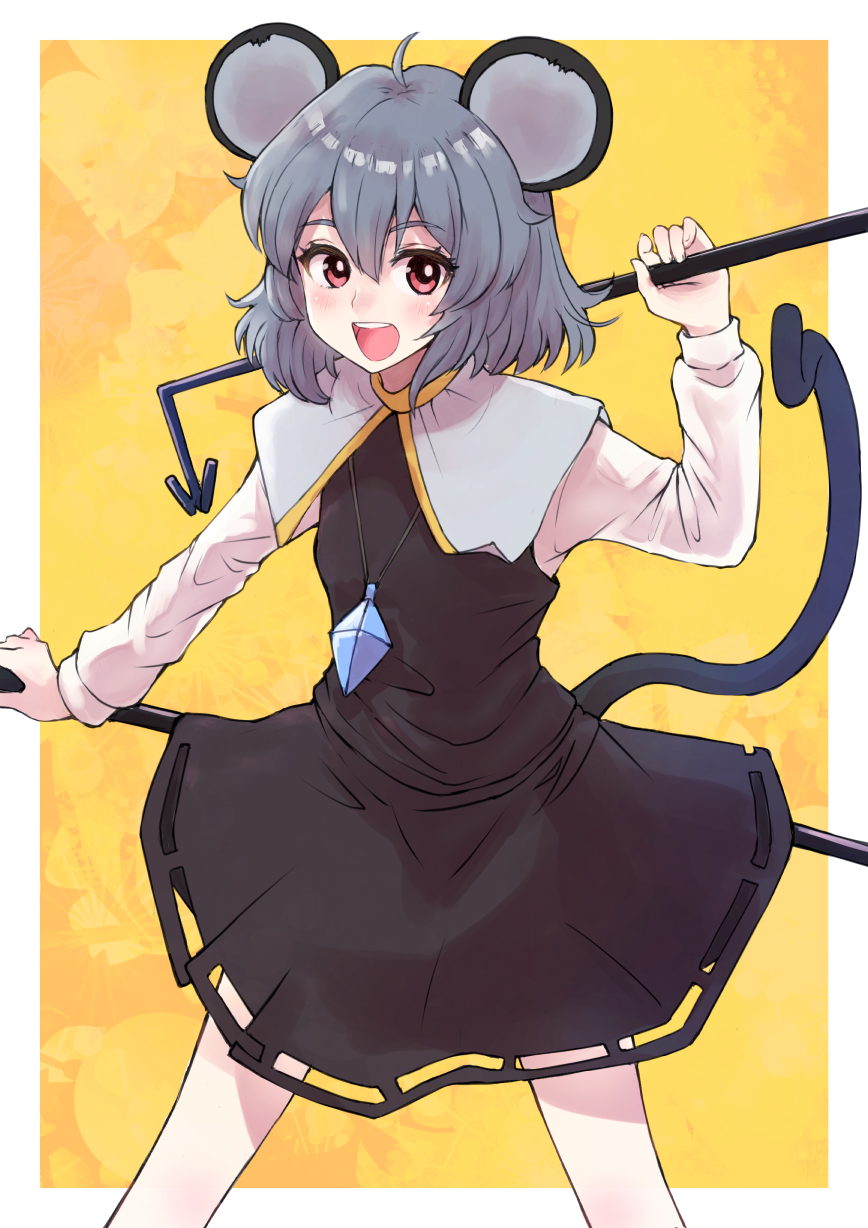 1girl :d animal_ears bangs black_dress commentary crystal dowsing_rod dress eyebrows_visible_through_hair feet_out_of_frame grey_hair hair_between_eyes highres holding long_sleeves looking_at_viewer mouse_ears mouse_girl mouse_tail nayuhi_(yukimuu14) nazrin red_eyes shirt sleeveless sleeveless_dress smile solo standing tail teeth touhou upper_teeth white_shirt