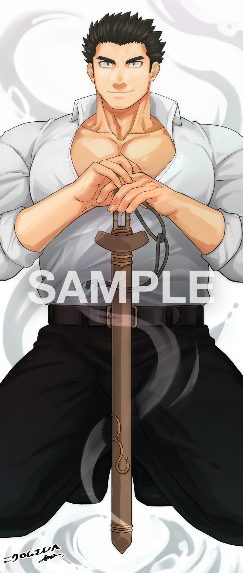 1boy alternate_pectoral_size bara black_hair black_pants collared_shirt commission harada_(basashi) highres kneeling large_pectorals looking_at_viewer male_focus master_3_(housamo) muscular muscular_male pants partially_unbuttoned pectoral_cleavage pectorals planted planted_sword sample shirt short_hair sideburns skeb_commission sleeves_rolled_up smile solo spiked_hair sword thick_eyebrows tokyo_afterschool_summoners watermark weapon wooden_sword