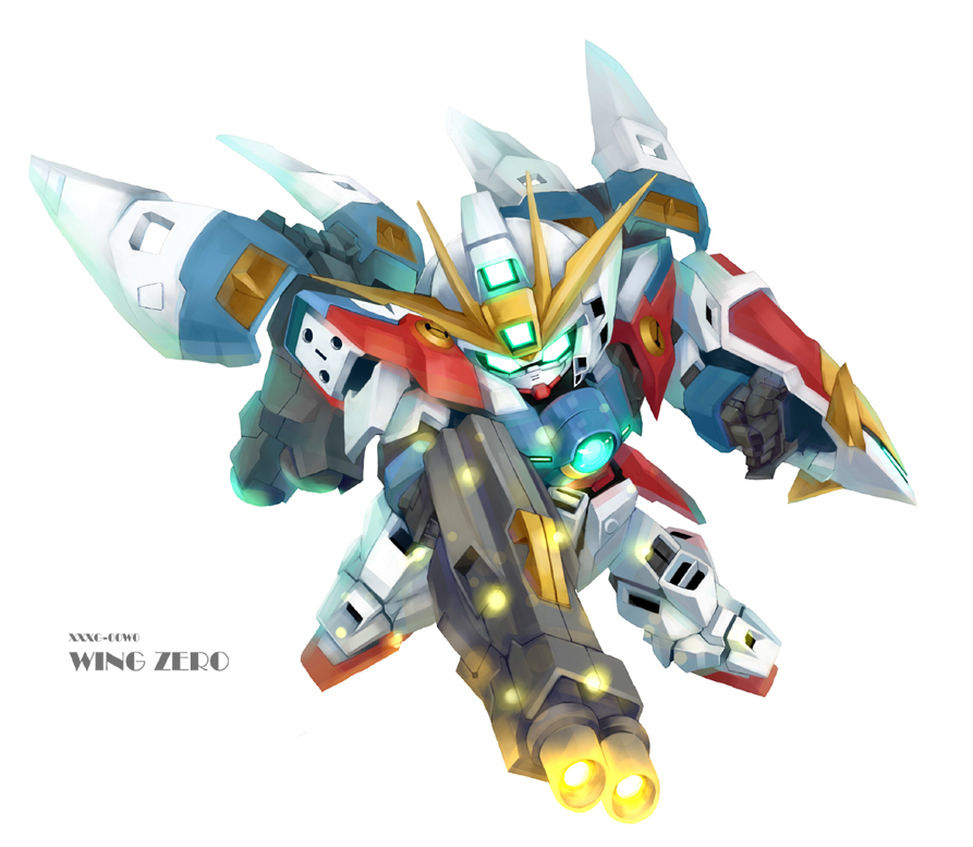 beam_rifle buster_rifle character_name chibi commentary energy_gun english_text firing glowing glowing_eyes green_eyes gun gundam gundam_wing holding holding_gun holding_shield holding_weapon juya mecha mobile_suit no_humans pointing_weapon sd_gundam shield solo v-fin weapon white_background wing_gundam_zero wings
