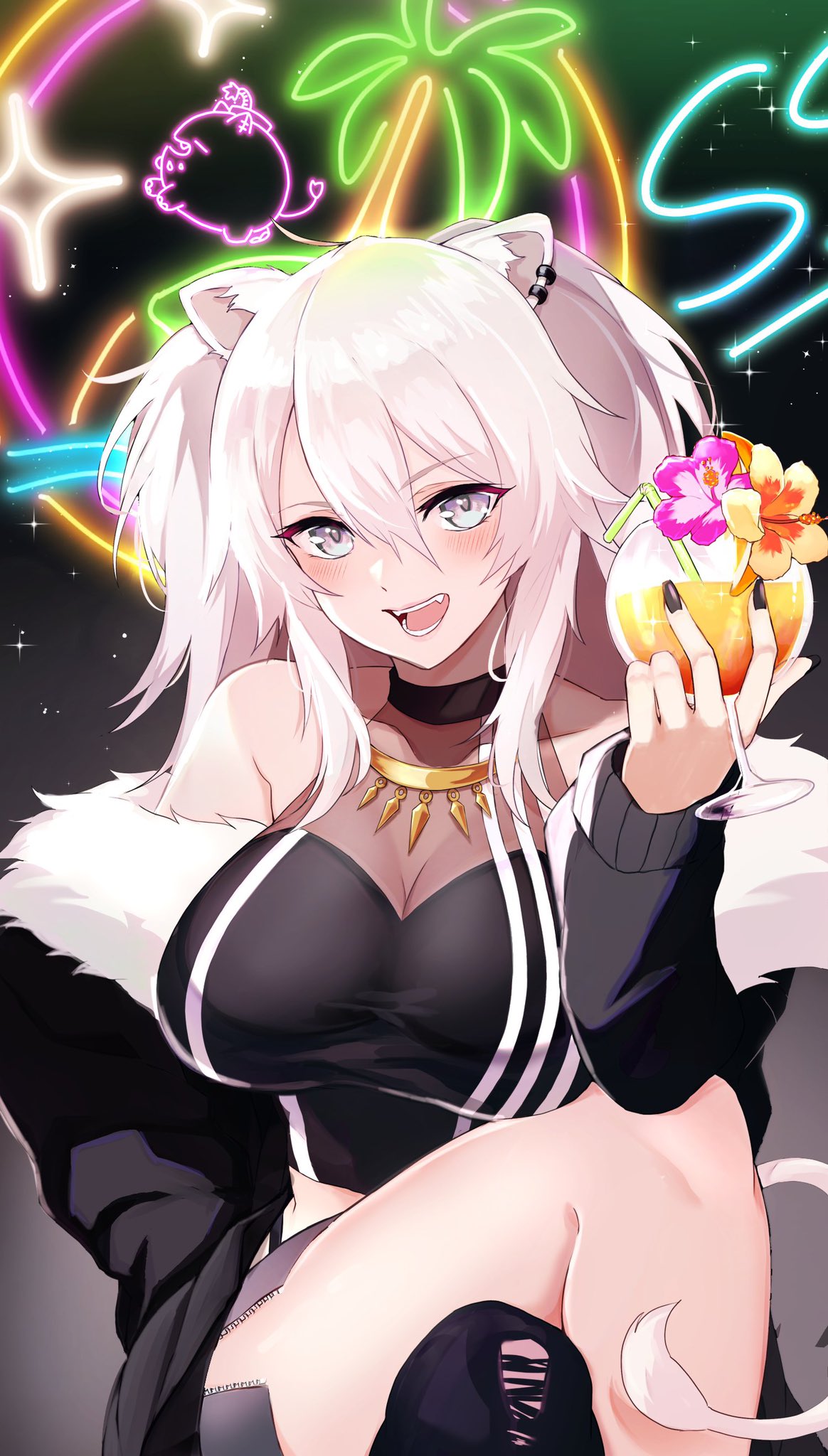 1girl :d ahoge animal_ears aya02ka bangs bare_shoulders black_jacket black_legwear black_shirt blush breasts cleavage crop_top crossed_legs cup ear_piercing fur-trimmed_jacket fur_trim grey_eyes grey_skirt hair_between_eyes highres holding holding_cup hololive jacket jewelry large_breasts lion_ears lion_girl lion_tail long_hair looking_at_viewer messy_hair miniskirt necklace open_clothes open_jacket open_mouth piercing see-through shirt shishiro_botan side_slit sidelocks silver_hair single_leg_pantyhose sitting skin_tight skirt sleeveless sleeveless_shirt smile solo tail torn_clothes torn_legwear tropical_drink two_side_up virtual_youtuber zipper_skirt