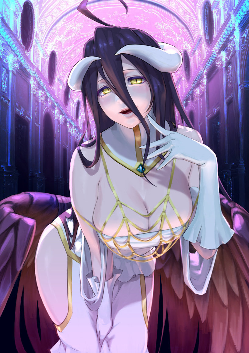 1girl ahoge albedo_(overlord) bangs bending black_hair breasts cleavage collar commentary demon_girl demon_horns demon_wings detached_collar dress feathered_wings gloves gradient gradient_wings hair_between_eyes hip_vent horns indoors large_breasts long_hair looking_at_viewer low_wings multicolored_background multicolored_wings open_mouth overlord_(maruyama) photo-referenced ryohhe slit_pupils smile solo white_collar white_dress white_gloves white_horns wings yellow_eyes