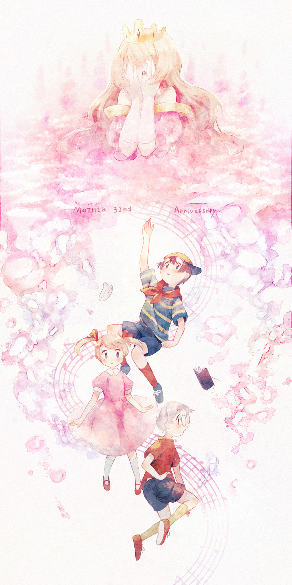 2boys 2girls ana_(mother) anniversary baseball_cap black_hair blonde_hair copyright_name crown dress glasses hat highres lloyd_(mother) mother_(game) mother_1 multiple_boys multiple_girls music musical_note ninten pink_dress queen_mary ribbon shifumame shirt shorts striped striped_shirt twintails white_legwear