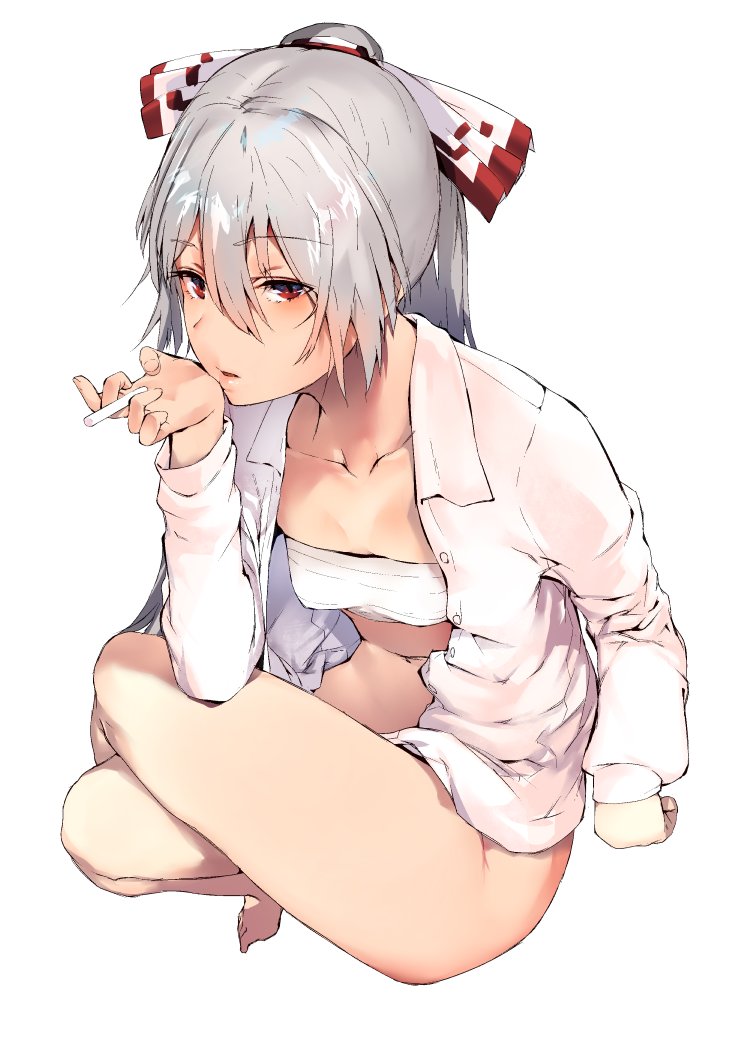 1girl asuzemu bangs bare_legs barefoot blush bow breasts cigarette collarbone collared_shirt commentary_request dress_shirt eyebrows_visible_through_hair eyes_visible_through_hair feet fujiwara_no_mokou grey_hair hair_bow holding holding_cigarette long_sleeves looking_past_viewer navel ponytail red_bow red_eyes sarashi shirt small_breasts smoking solo stomach thighs touhou unbuttoned unbuttoned_shirt white_bow white_shirt