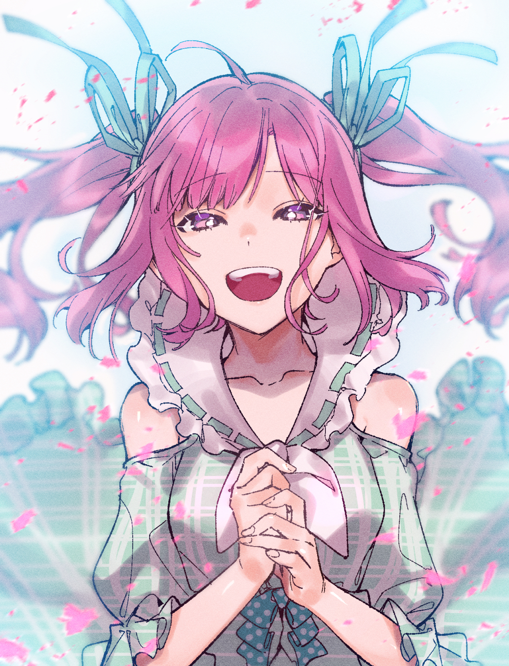 1girl :d achikita_chinami bare_shoulders blue_bow blue_bowtie bow bowtie bright_pupils commentary_request dress green_dress hair_bow hands_up highres looking_at_viewer mirin_chikuwa nijisanji own_hands_together pink_hair purple_eyes smile solo twintails upper_body virtual_youtuber white_pupils