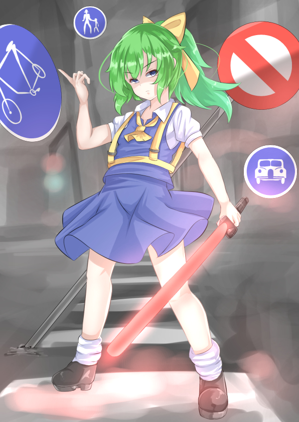 1girl ascot bangs blue_eyes blue_skirt blue_vest bow brown_footwear closed_mouth collared_shirt commentary_request cookie_(touhou) daiyousei diyusi_(cookie) eyebrows_visible_through_hair full_body green_hair hair_bow holding hyper_muteki_(artist) long_hair looking_at_viewer off puffy_short_sleeves puffy_sleeves road_sign shirt shoes short_sleeves sign skirt socks solo standing touhou traffic_baton traffic_light unusually_open_eyes vest white_legwear white_shirt yellow_ascot yellow_bow