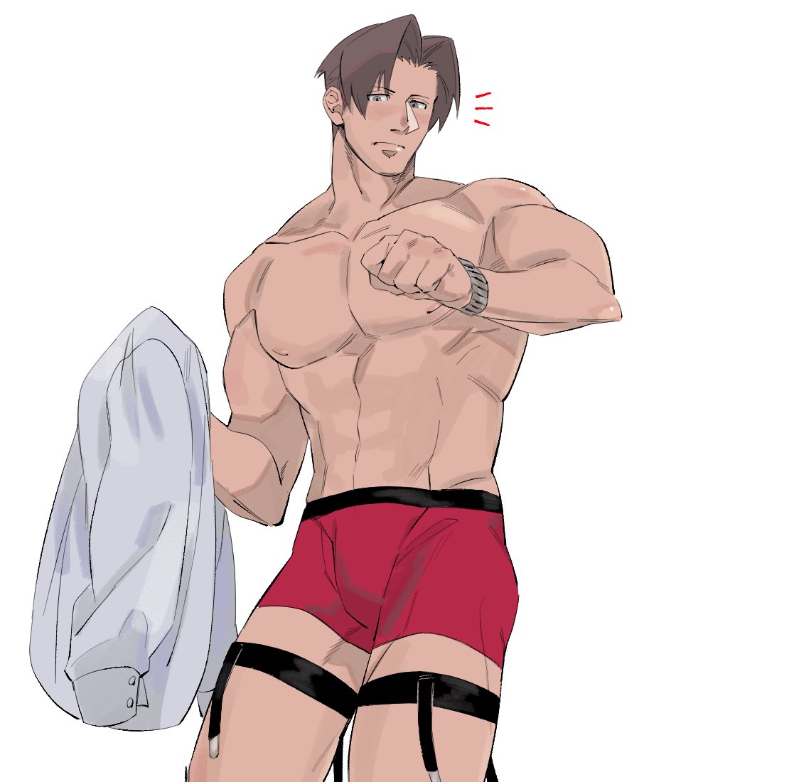 1boy ace_attorney alternate_pectoral_size areolae bangs bara blush boxers bulge commentary_request cropped_torso embarrassed feet_out_of_frame green_(grimy) light_brown_hair looking_at_viewer male_focus male_underwear miles_edgeworth muscular muscular_male parted_bangs red_male_underwear shirt_removed short_hair sideburns sock_garters solo thick_thighs thighs topless_male underwear white_background
