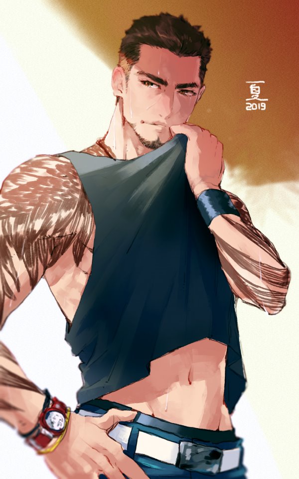 1boy alternate_hairstyle arm_tattoo beard belt black_hair black_tank_top blue_pants bracelet brown_eyes clothes_lift facial_hair final_fantasy final_fantasy_xv gladiolus_amicitia jewelry lifted_by_self male_focus navel pants short_hair sideburns simple_background solo tank_top tattoo watch wristband wristwatch yuzukarin