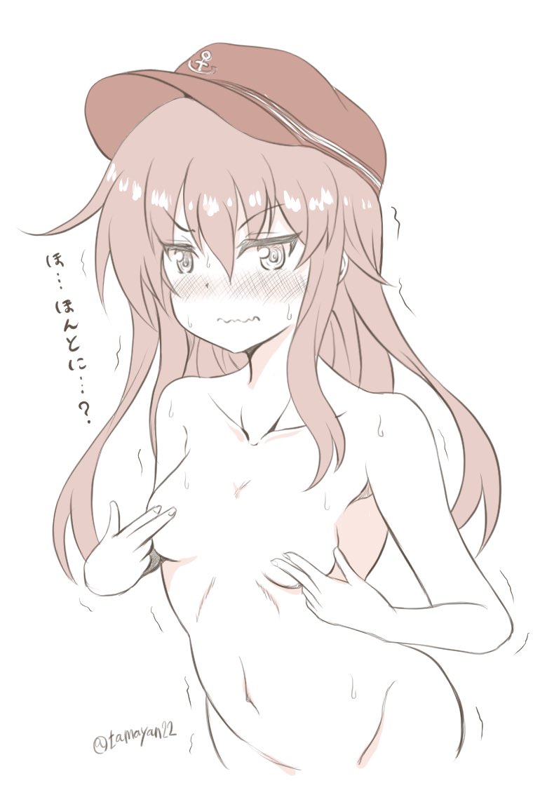 1girl akatsuki_(kancolle) anchor_symbol bare_shoulders blush breasts commentary covering_nipples embarrassed groin hat kantai_collection long_hair monochrome nude small_breasts solo tamayan translated trembling twitter_username wavy_mouth