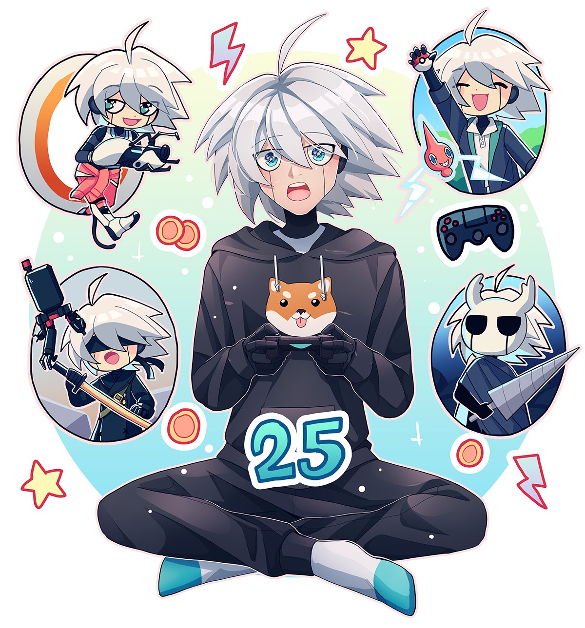 1boy :d ahoge alternate_costume android animal_print arm_up bangs black_blindfold black_hoodie black_jacket black_pants black_skin blindfold cheer_(cheerkitty14) chell chell_(cosplay) colored_skin commentary controller cosplay danganronpa_(series) danganronpa_v3:_killing_harmony dog_print english_commentary eyebrows_visible_through_hair full_body grey_hair grey_legwear gun highres holding holding_controller holding_sword holding_weapon hollow_knight hood hood_down hoodie indian_style jacket katana keebo knight_(hollow_knight) knight_(hollow_knight)_(cosplay) male_focus mask multiple_views nier_(series) nier_automata pants pokemon pokemon_(creature) portal_(series) rotom shiny shiny_hair short_hair sitting smile socks star_(symbol) sword teeth upper_teeth weapon white_background yorha_no._9_type_s yorha_no._9_type_s_(cosplay)