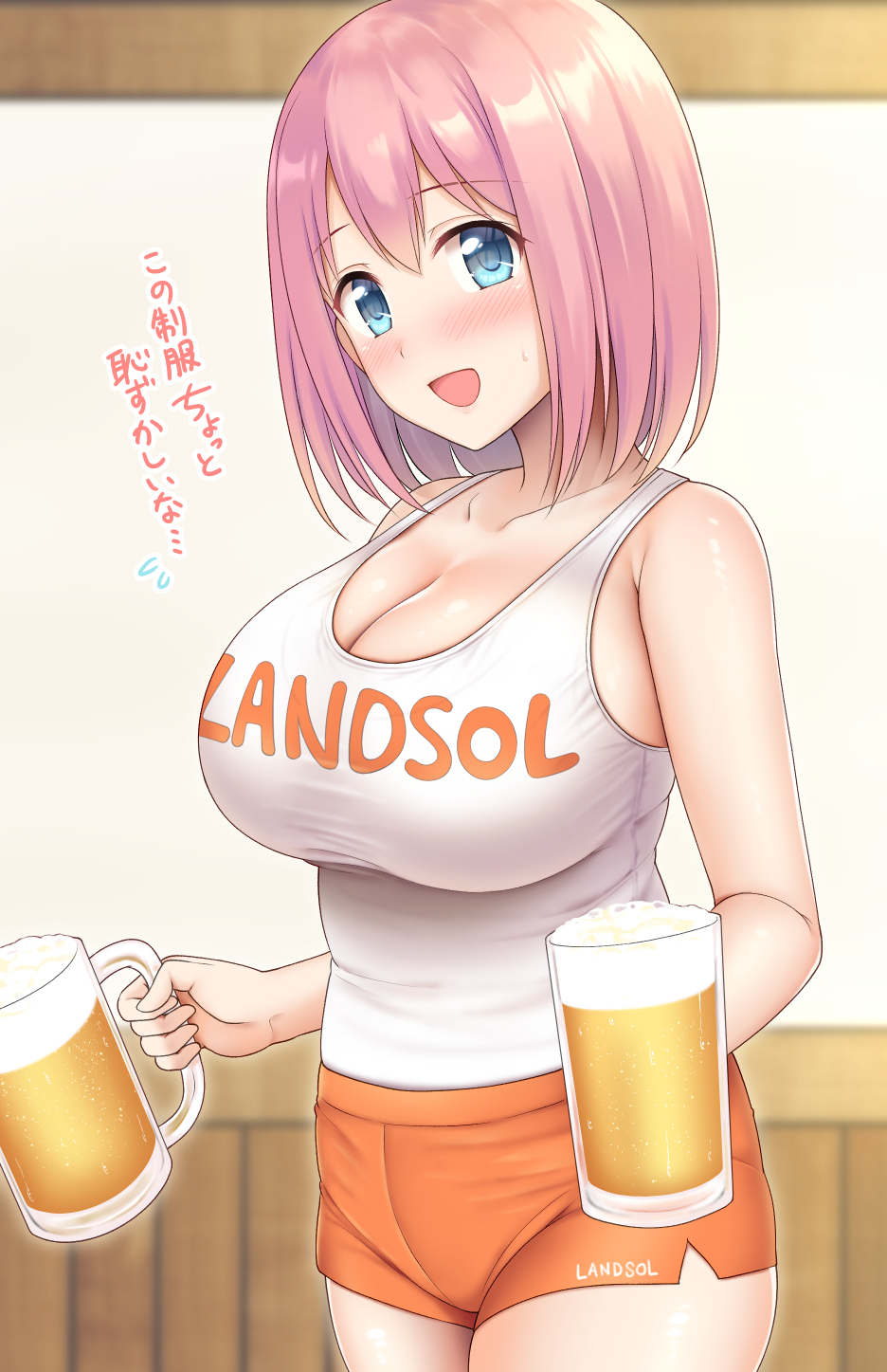 1girl alcohol bangs bare_shoulders beer blue_eyes blurry blurry_background blush breasts clothes_writing collarbone commentary cowboy_shot cup eyebrows_visible_through_hair foreshortening highres holding hooters indoors no_legwear open_mouth orange_shorts pink_hair princess_connect! shiny shiny_skin short_shorts shorts solo sweatdrop tank_top translated white_tank_top wooden_wall yue_(show-ei) yui_(princess_connect!)