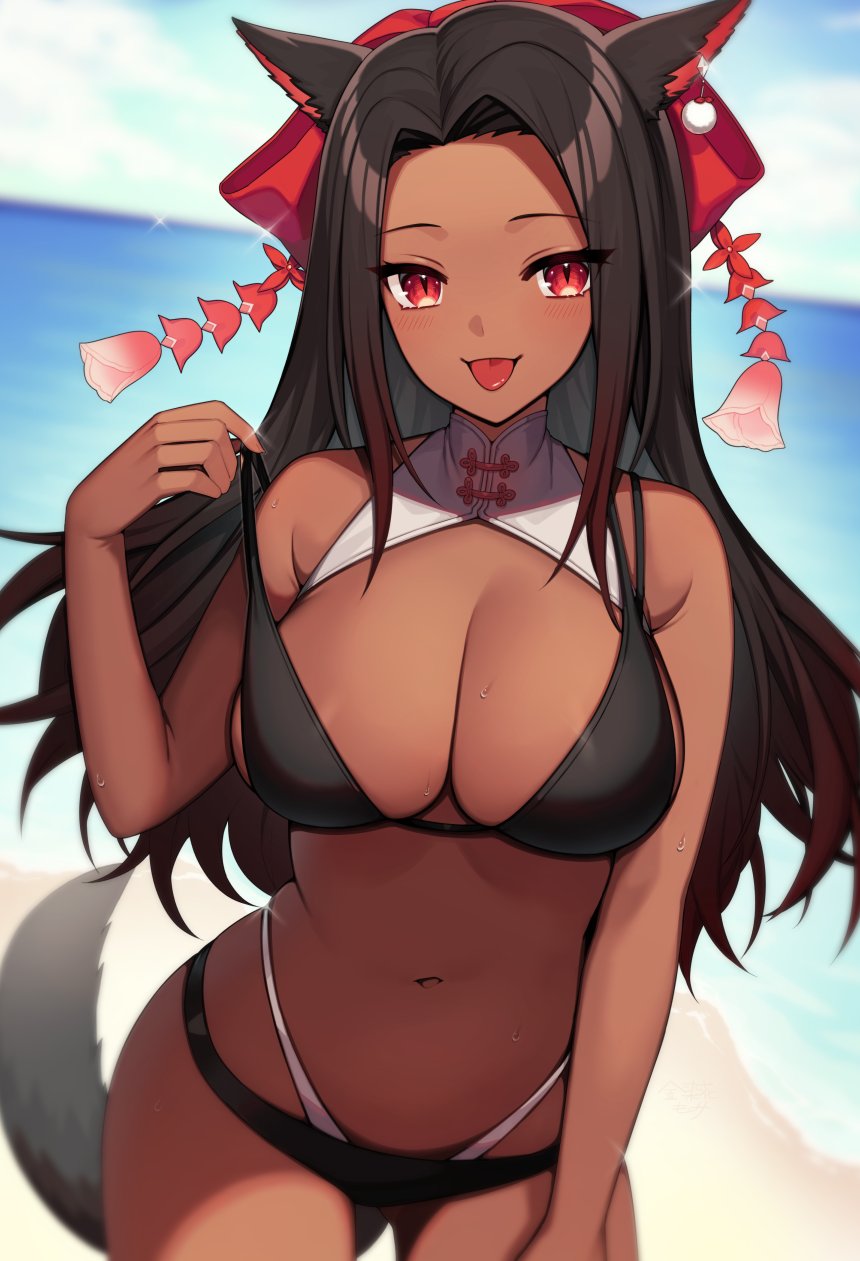 1girl animal_ears avatar_(ffxiv) bangs bare_arms bare_shoulders bikini black_bikini black_hair bow breasts cat_ears cat_girl cat_tail cleavage commentary_request commission cowboy_shot dark-skinned_female dark_skin final_fantasy final_fantasy_xiv forehead gradient_hair hair_bow hair_ornament hand_up highleg highleg_bikini highres kanzashi kinsenka_momi large_breasts layered_bikini long_hair looking_at_viewer miqo'te multicolored_hair navel parted_bangs red_eyes skeb_commission smile solo stomach strap_pull string_bikini swimsuit tail tongue tongue_out wet