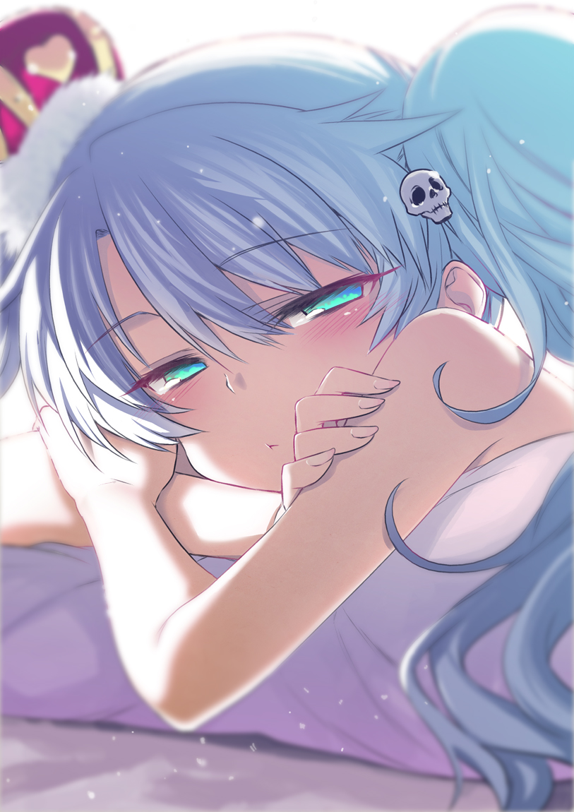 1girl :t aqua_eyes blue_hair blurry blush commentary_request crossed_arms crown dust_particles eyebrows_visible_through_hair eyes_visible_through_hair face hair_between_eyes hair_ornament half-closed_eyes hitotose_rin long_hair looking_at_viewer lying mini_crown nude on_stomach pout sennen_sensou_aigis skull_hair_ornament solo sybilla tilted_headwear twintails