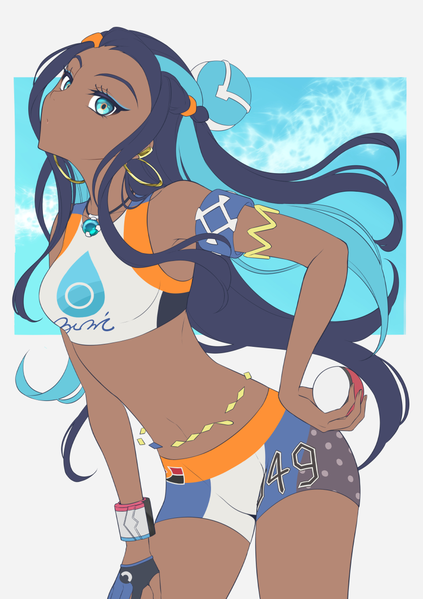 1girl armlet belly_chain bike_shorts black_hair blue_eyes blue_eyeshadow blue_hair breasts commentary_request dark-skinned_female dark_skin dynamax_band earclip earrings eyeshadow floating_hair gloves hair_bun hand_on_hip highres holding holding_poke_ball hoop_earrings jewelry kurobe_sclock long_hair makeup multicolored_hair necklace nessa_(pokemon) partially_fingerless_gloves poke_ball poke_ball_(basic) pokemon pokemon_(game) pokemon_swsh single_glove solo two-tone_hair