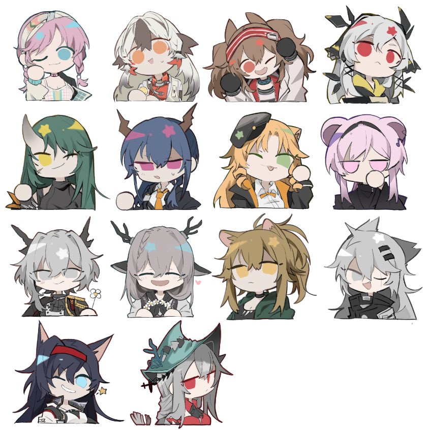 6+girls :&lt; :d :p ;d alina_(arknights) angelina_(arknights) animal_ears aqua_headwear arknights armor ascot beret black_ascot black_cape black_choker black_collar black_gloves black_hair black_headwear black_jacket black_shirt blaze_(arknights) blue_eyes blue_poison_(arknights) blue_poison_(shoal_beat)_(arknights) bow bowtie braid brown_hair cape cat_ears ch'en_(arknights) choker closed_eyes coin collar deer_antlers deer_ears deer_girl dragon_horns dress drill_hair earpiece fang flower formal fox_ears from_side gloves gradient_hair green_hair green_jacket grey_eyes grey_hair hair_between_eyes hair_intakes hair_ornament hair_tubes hairband hairclip hand_up happy hat head_wreath head_wreath_removed headgear heart holding holding_coin holding_flower horns hoshiguma_(arknights) infection_monitor_(arknights) jacket jitome lappland_(arknights) lin_yuhsia_(arknights) lion_ears long_hair looking_at_viewer mouse_ears multicolored_hair multiple_girls necktie official_alternate_costume one_eye_closed oni_horns open_clothes open_jacket open_mouth orange_bow orange_bowtie orange_eyes orange_hair orange_necktie orange_shirt pauldrons pink_eyes pink_hair ponytail red_dress red_eyes red_hairband shirt shoulder_armor side_drill siege_(arknights) simple_background single_horn single_pauldron skadi_(arknights) skadi_the_corrupting_heart_(arknights) smile snowsant_(arknights) south_ac sports_bra star_(symbol) striped striped_hairband sweatdrop swire_(arknights) talulah_(arknights) talulah_the_fighter_(arknights) tiger_ears tongue tongue_out triangle_mouth twin_braids twin_drills twintails weedy_(arknights) white_background white_flower white_hair white_hairband white_jacket white_shirt white_sports_bra wolf_ears yellow_eyes