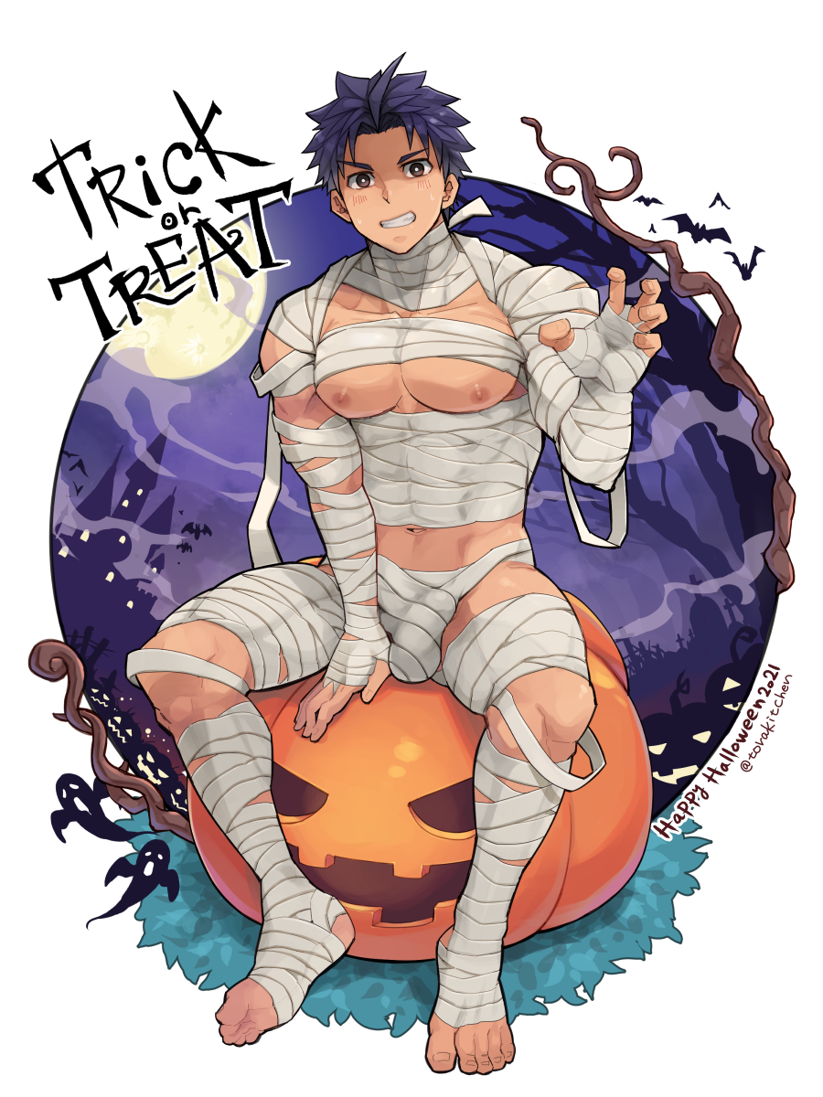 1boy abs bandages bara barefoot biceps bulge copyright_request erection erection_under_clothes feet halloween highres large_pectorals le looking_at_viewer male_focus moon mummy_costume muscular muscular_male pectorals pumpkin short_hair signature smile solo toes torakichi_(ebitendon)