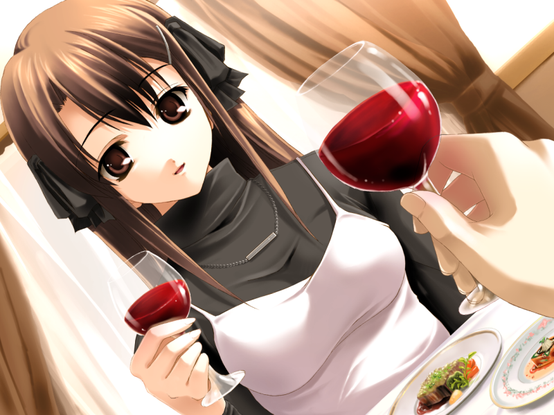 1girl :d bangs breasts brown_eyes brown_hair cup dress drinking_glass dutch_angle eyebrows_visible_through_hair food fujimi_setsuna fumio_(ura_fmo) game_cg hair_between_eyes hair_ornament hairclip holding holding_cup jewelry long_hair long_sleeves medium_breasts necklace official_art pinafore_dress shiny shiny_hair sleeveless sleeveless_dress smile solo_focus sweater turtleneck turtleneck_sweater white_dress wine_glass yukiuta